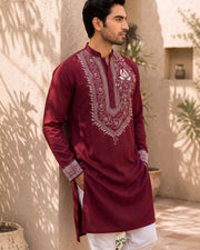 Men Maroon Floral Motif DTF Printed Kurta — Thumbnail 2