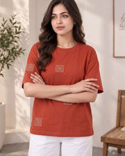 Women's Printed Drop-Shoulder Sleeves T-Shirt — Rust — Thumbnail 3