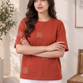 Women's Printed Drop-Shoulder Sleeves T-Shirt — Rust