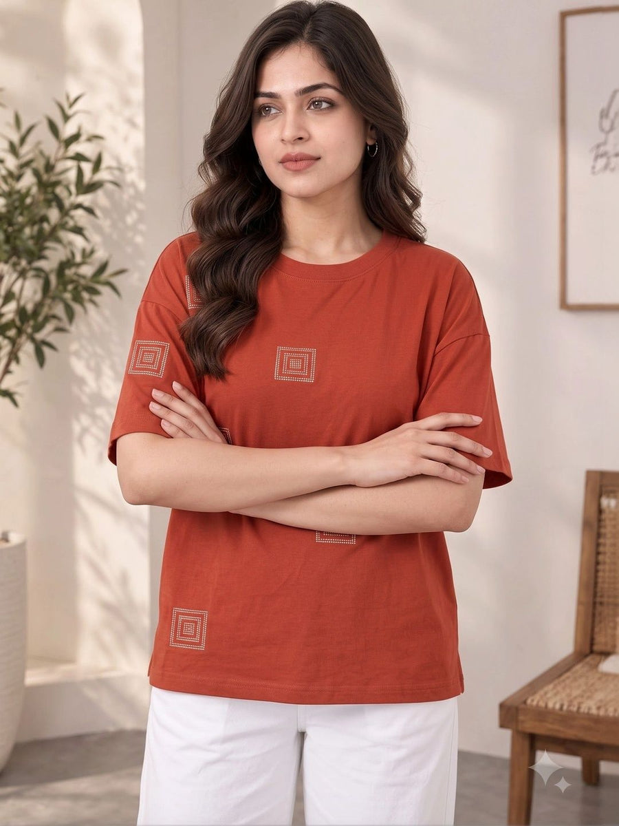 Women's Printed Drop-Shoulder Sleeves T-Shirt — Rust — Tshirt Factory India Direct Manufacturer Surat