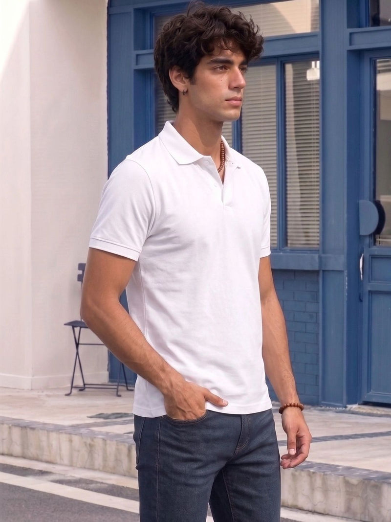 Men's All-Over Printed Polo Collar T-Shirt — White — Quality Craftsmanship Anatomy