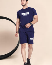 Men's Cotton Printed Night Suit Set of Top & Shorts — Navy Blue — Thumbnail 1