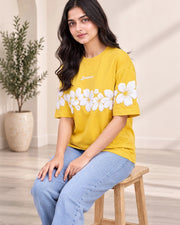 Women's Floral Printed Relaxed Fit T-Shirt — Yellow — Thumbnail 4