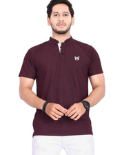 Men's Brand Logo Mandarin Collar T-Shirt — Maroon — Thumbnail 4