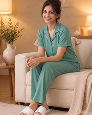 Women's Ribbed Knit Notch Collar Button-Down Lounge Set — Sea Green — Thumbnail 2