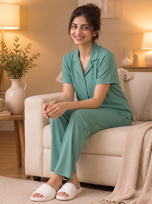 Women's Ribbed Knit Notch Collar Button-Down Lounge Set — Sea Green Angle View — Custom Printing Surat