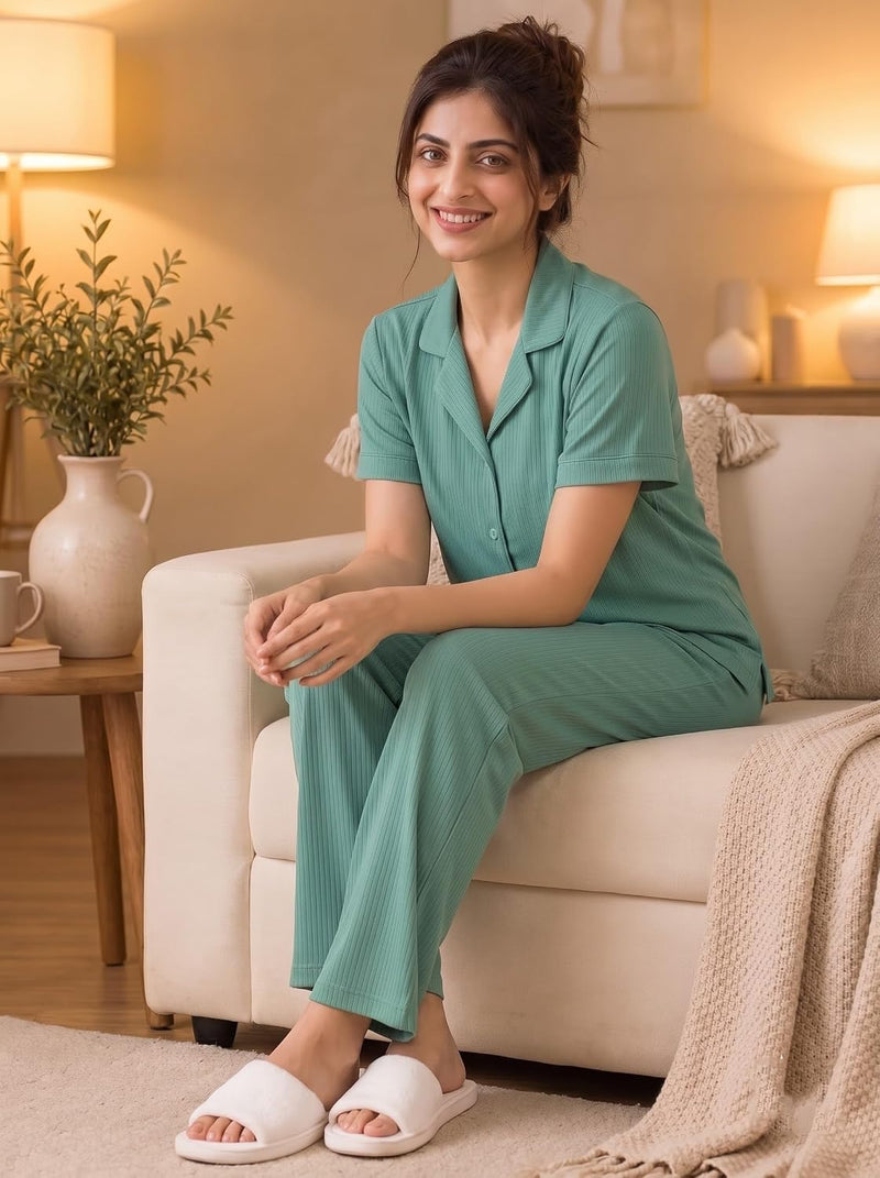 Women's Ribbed Knit Notch Collar Button-Down Lounge Set — Sea Green — Quality Craftsmanship Anatomy