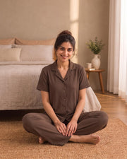 Women's Ribbed Knit Notch Collar Button-Down Lounge Set — Coffee — Thumbnail 5