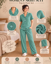 Women's Ribbed Knit Notch Collar Button-Down Lounge Set — Sea Green — Thumbnail 7