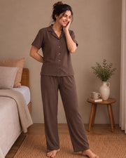 Women's Ribbed Knit Notch Collar Button-Down Lounge Set — Coffee — Thumbnail 4