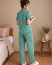 Women's Ribbed Knit Notch Collar Button-Down Lounge Set — Sea Green — Thumbnail 3