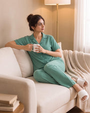 Women's Ribbed Knit Notch Collar Button-Down Lounge Set — Sea Green — Thumbnail 4