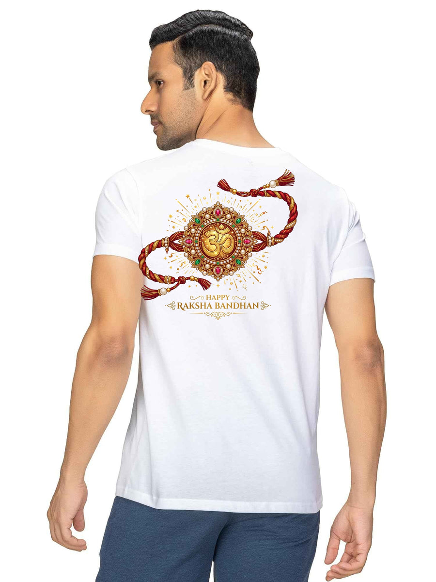 Sacred Om Raksha Sutra Bandhan Graphic Cotton T-Shirt — White — Custom Print Studio