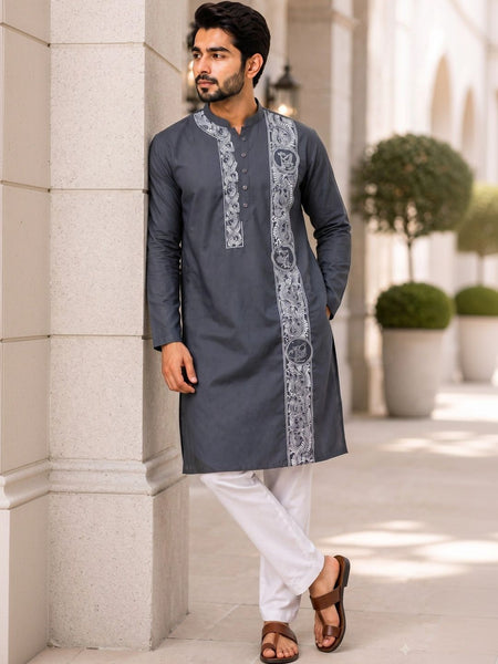 Men's Embroidered Thread Work Kurta - Grey — Tshirt Factory India Direct Wholesale Manufacturer