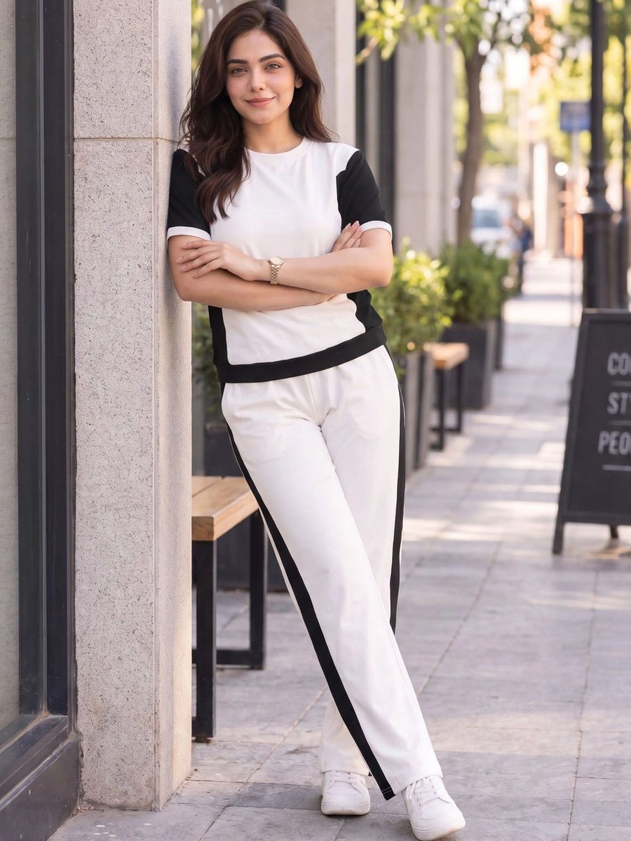 Women's Colourblocked T-shirt with Trousers — Off White — Tshirt Factory India Direct Manufacturer Surat