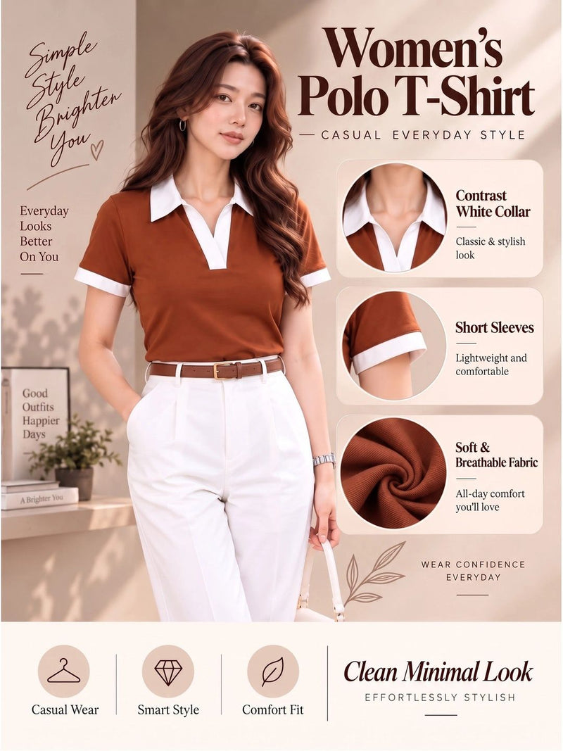 Women's Colourblocked Polo Collar T-Shirt — Rust — Quality Craftsmanship Anatomy