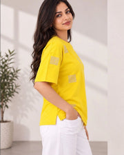 Women's Printed Drop-Shoulder Sleeves T-Shirt — Yellow — Thumbnail 3