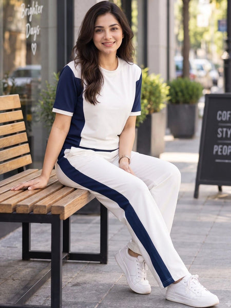 Women's Colourblocked T-Shirt with Trousers Co-ord Set - Cream-Coloured, Navy Blue Angle View — Custom Printing Surat