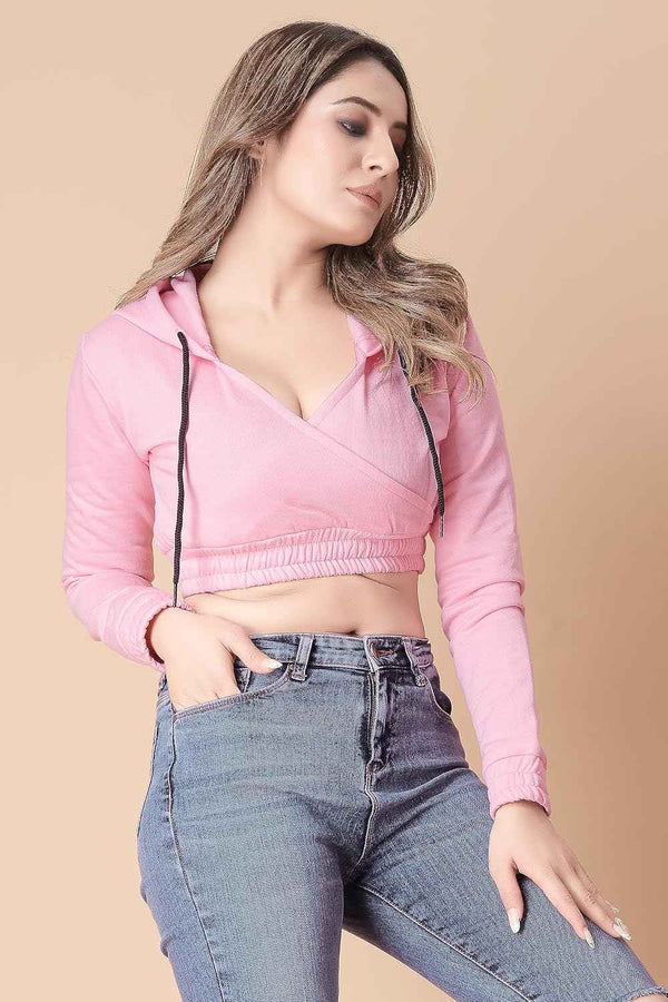 Women's Cross-Front Crop Hoodie — White Angle View — Custom Printing Surat