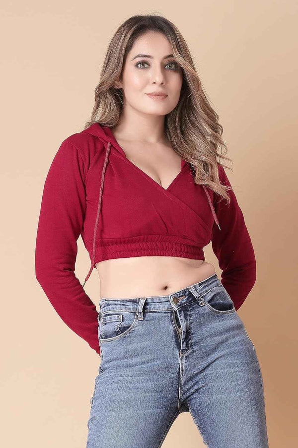 Women's Cross-Front Crop Hoodie — Black — Tshirt Factory India Direct Wholesale Manufacturer