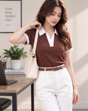 Women's Colourblocked Polo Collar T-Shirt — Coffee Brown — Thumbnail 5