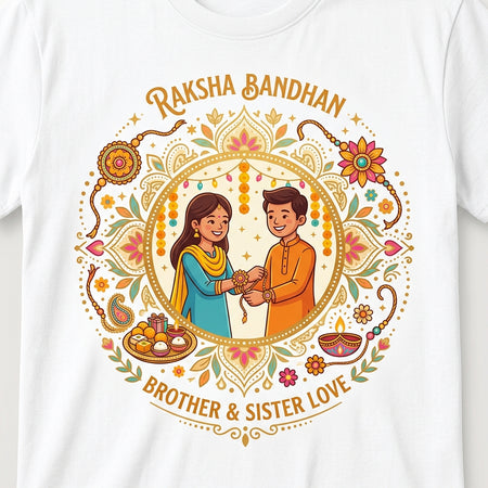 Sibling Love Raksha Bandhan Celebration Graphic Cotton T-Shirt — White Angle View — Custom Printing Surat