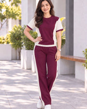 Women's Colourblocked T-shirt with Trousers — Purple — Thumbnail 1