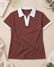 Women's Colourblocked Polo Collar T-Shirt — Coffee Brown — Thumbnail 3