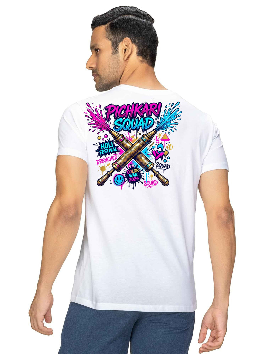 Pichkari Squad Streetwear Holi Graphic Cotton T-Shirt — White — Tshirt Factory India Direct Manufacturer Surat
