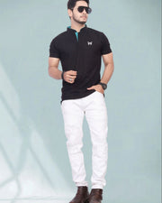 Men's Brand Logo Mandarin Collar T-Shirt — Black — Thumbnail 7