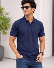 Men's Solid Polo Collar T-Shirt — Navy Blue — Thumbnail 6