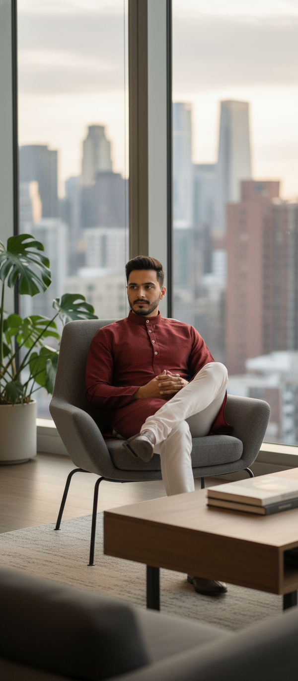 Men's Jacquard Self-Design Silk Blend Festive Kurta — Maroon Angle View — Custom Printing Surat