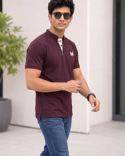 Men's Brand Logo Mandarin Collar T-Shirt — Burgundy — Thumbnail 4
