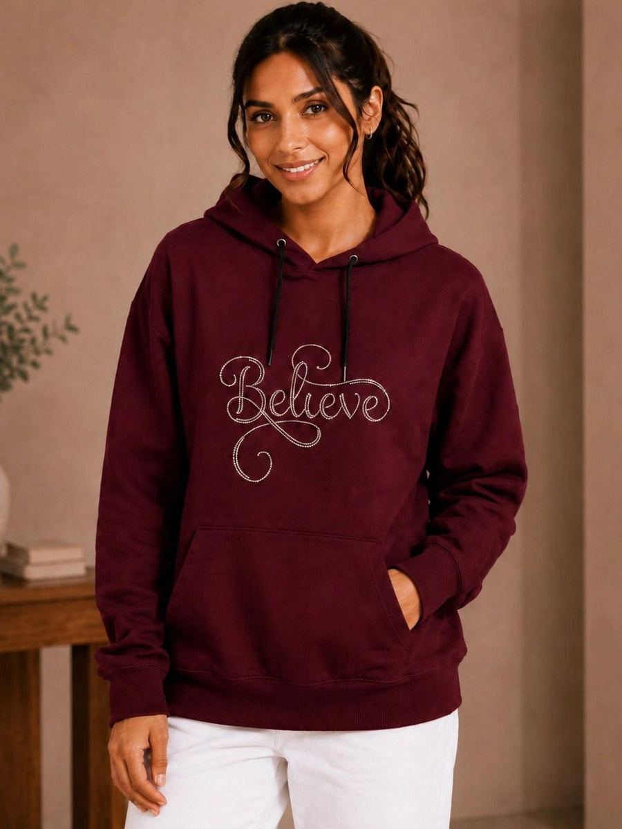 Women Printed Hooded Sweatshirt — Burgundy — Tshirt Factory India Direct Manufacturer Surat
