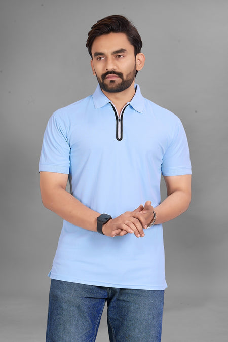 Men's Quarter-Zip Spread Collar Solid Polo T-Shirt — Sky Blue — Tshirt Factory India Direct Wholesale Manufacturer