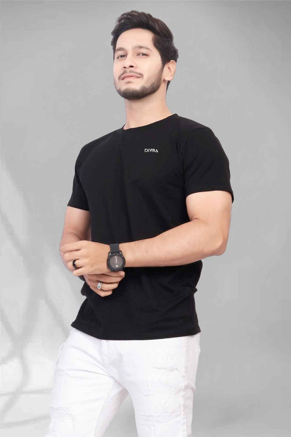 Regular Fit Pure Cotton Round Neck T-Shirt Black Angle View — Custom Printing Surat
