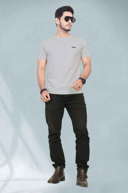 Regular Fit Pure Cotton Round Neck T-Shirt Grey Angle View — Custom Printing Surat