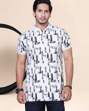 Divra Clothing Men Graphic All-Over Printed Polo T-Shirt — White — Thumbnail 1