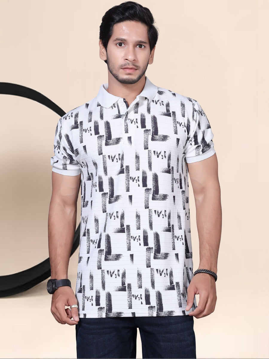 Divra Clothing Men Graphic All-Over Printed Polo T-Shirt — White — Custom Print Studio
