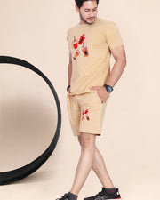 Men's Cotton Printed Night Suit Set of Top & Shorts — Chiku — Thumbnail 3