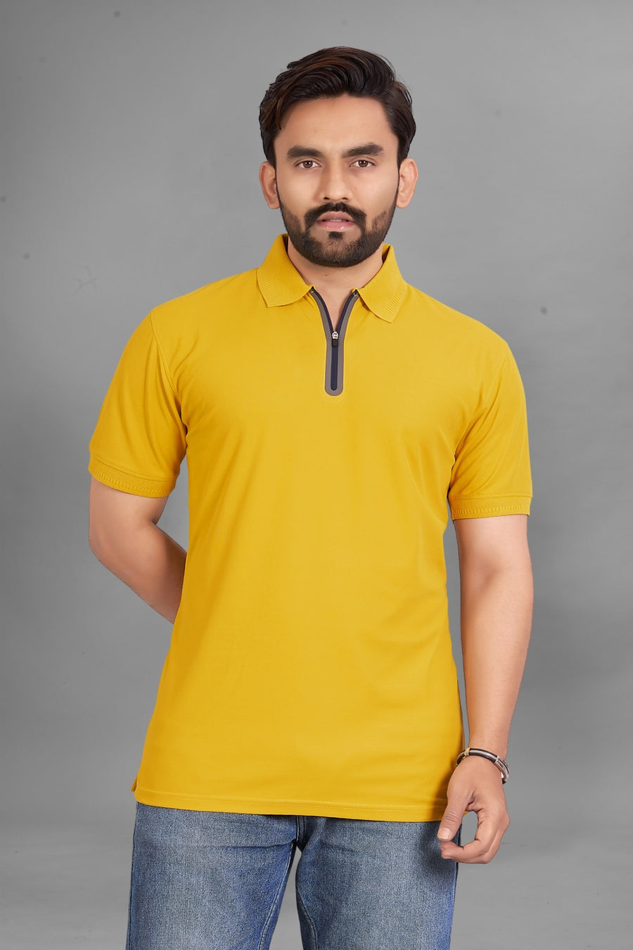 Men's Quarter-Zip Spread Collar Solid Polo T-Shirt — Yellow — Custom Print Studio