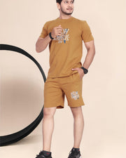 Men's Cotton Printed Night Suit Set of Top & Shorts — Brown — Thumbnail 3