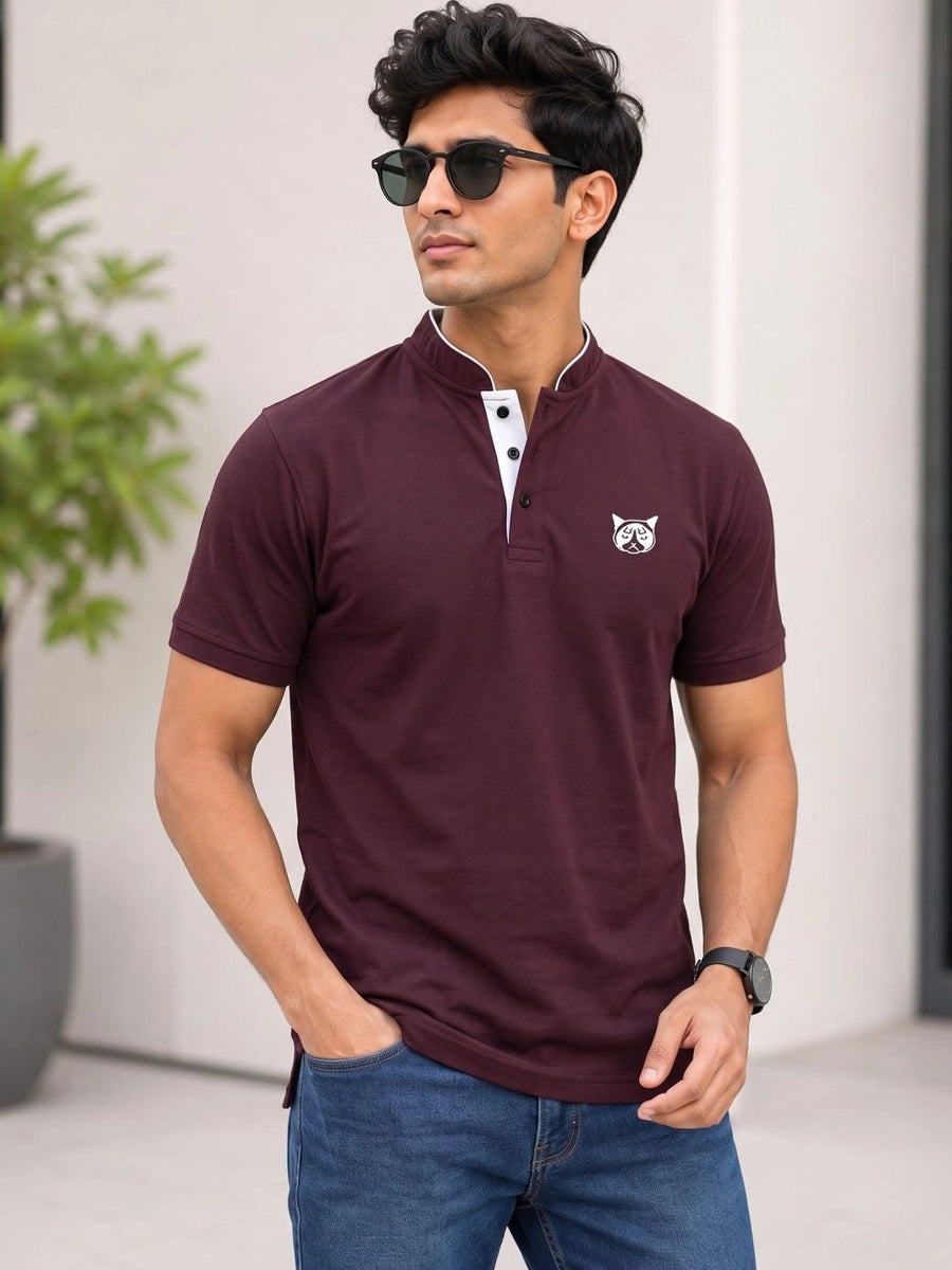 Men's Brand Logo Mandarin Collar T-Shirt — Burgundy — Tshirt Factory India Direct Manufacturer Surat