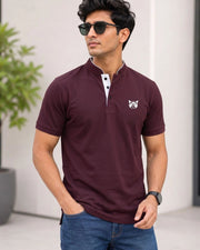 Men's Brand Logo Mandarin Collar T-Shirt — Burgundy — Thumbnail 3