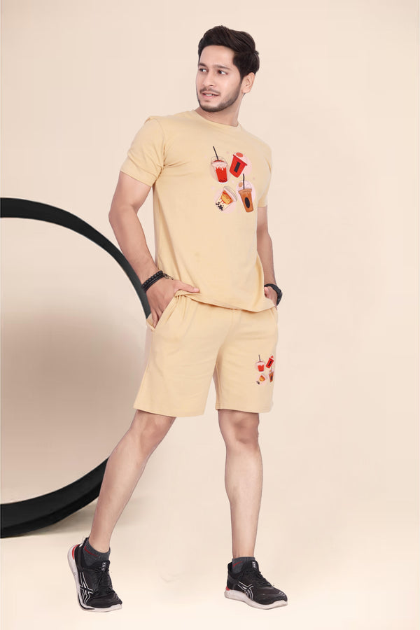 Men's Cotton Printed Night Suit Set of Top & Shorts — Chiku Angle View — Custom Printing Surat