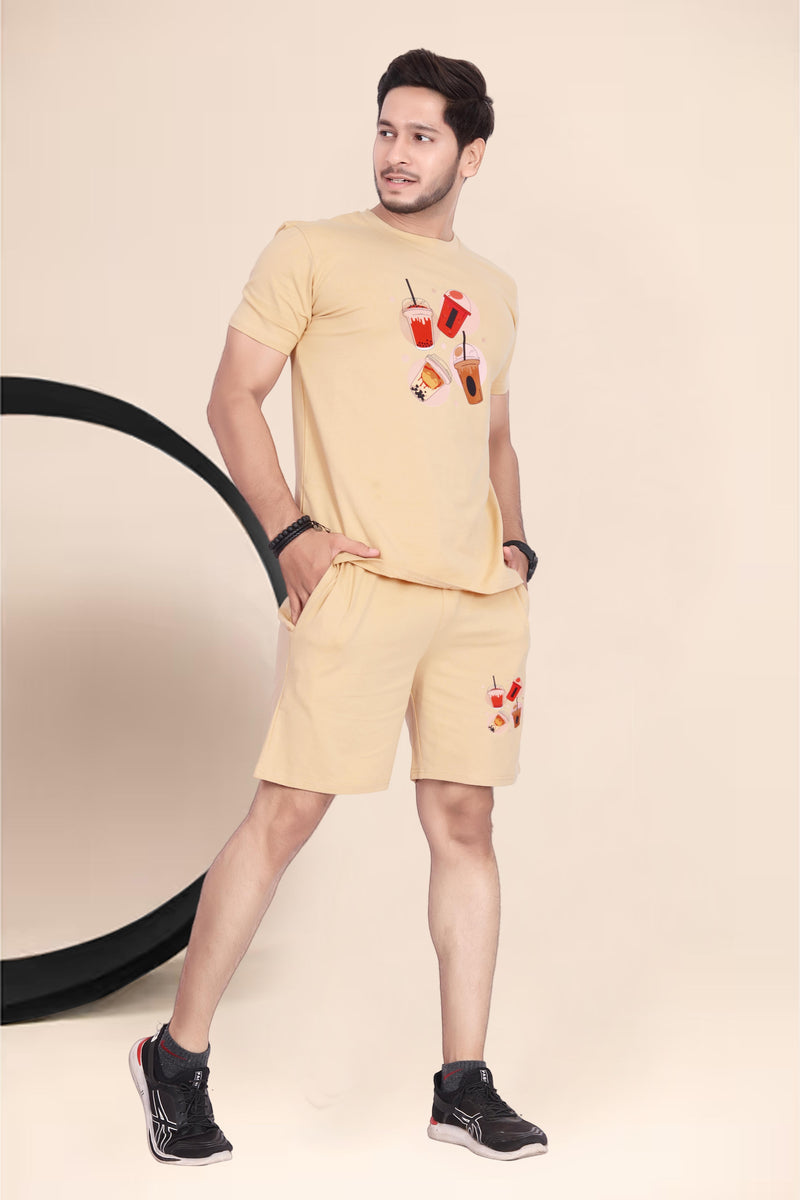Men's Cotton Printed Night Suit Set of Top & Shorts — Chiku — Quality Craftsmanship Anatomy