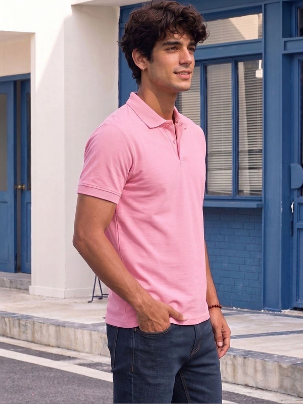 Men's All-Over Printed Polo Collar T-Shirt — Pink Angle View — Custom Printing Surat