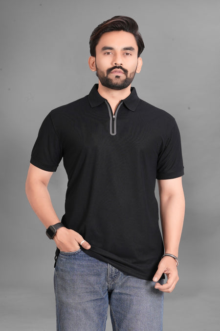 Men's Quarter-Zip Spread Collar Solid Polo T-Shirt — Black — Tshirt Factory India Direct Wholesale Manufacturer