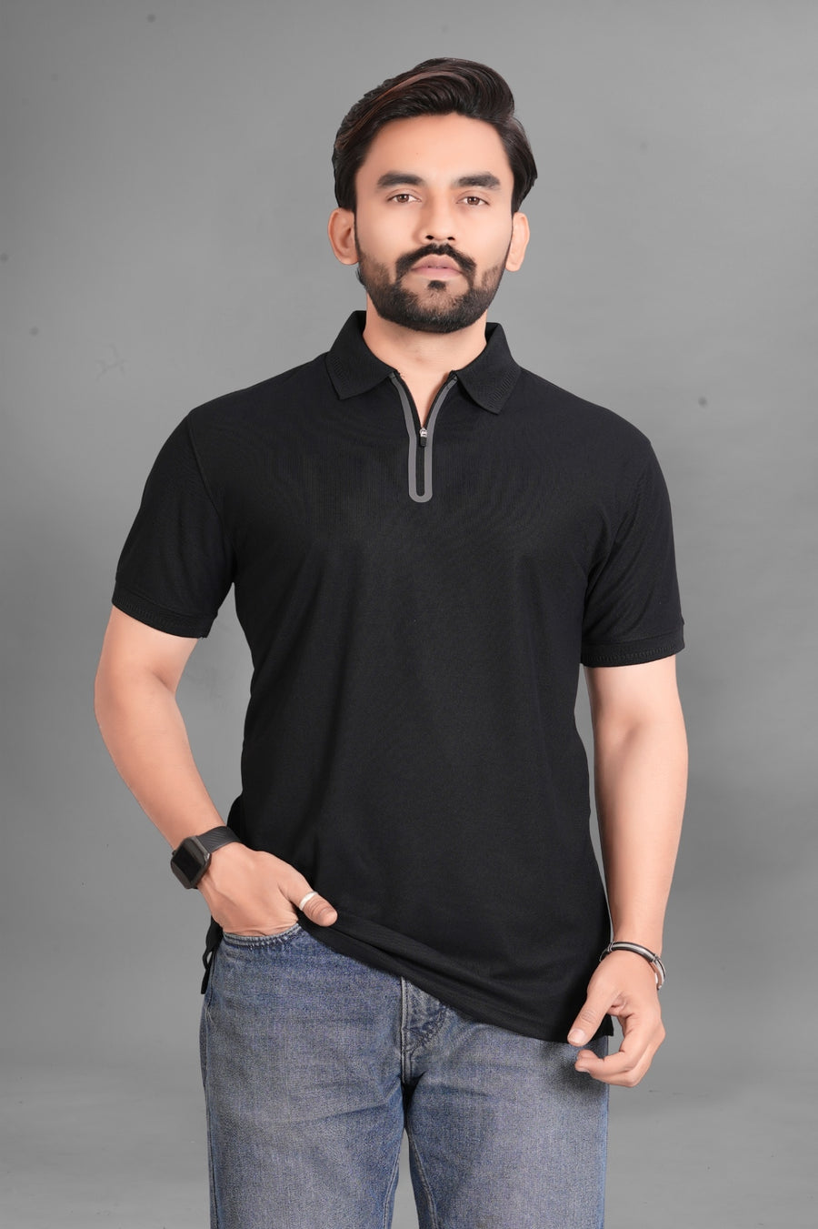 Men's Quarter-Zip Spread Collar Solid Polo T-Shirt — Black — Custom Print Studio