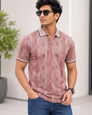 Men's Printed Polo Collar Pockets T-Shirt — Peach — Thumbnail 3